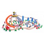 Set Trenulet din lemn Roller Coaster cu macara tunel si 130 de piese